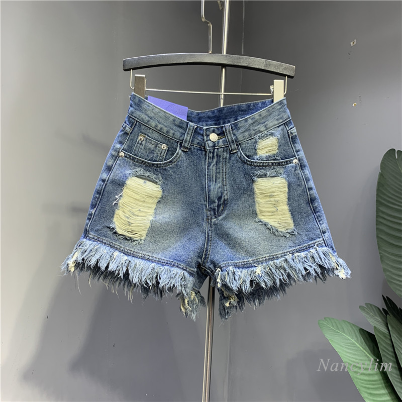 Fashion Street Ripped Tassel Edge Shorts Women 2022 Summer Retro Blue Denim Hot Pants Female Clothes